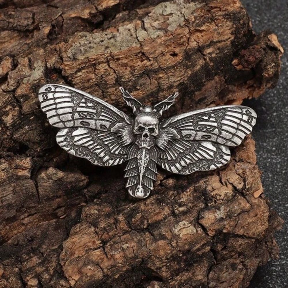 Gothic Death Moth Brooch, Antique Silver tone, Lightweight, Engraved det…